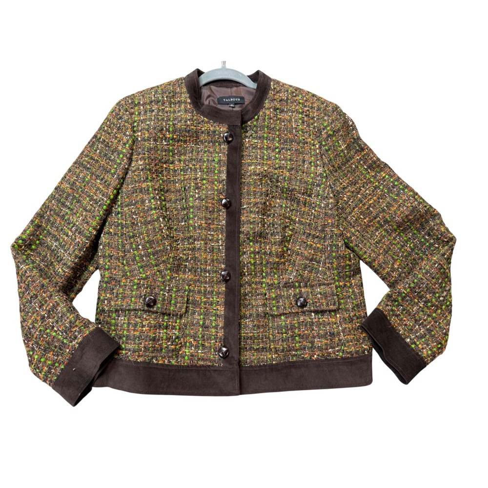 Talbots Fall Tweed Jacket Women 16 Brown Green Multi Excellent Faux Suede Blazer